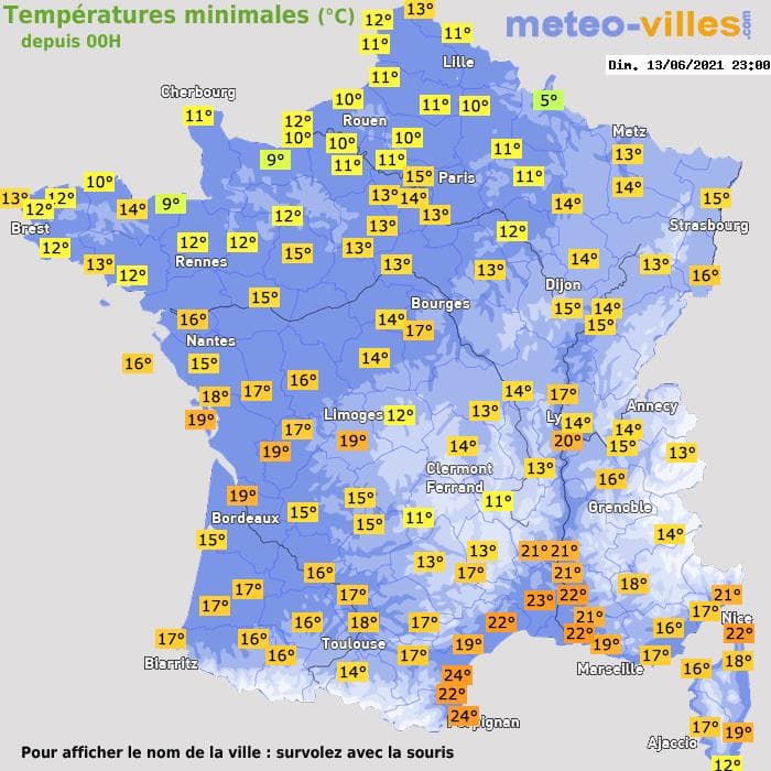Températures minimales (°C) depuis 00h
