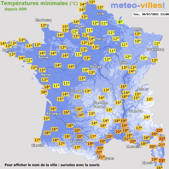 Températures minimales (°C) depuis 00h