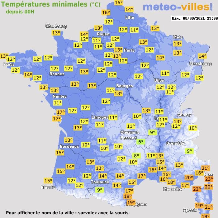 Températures minimales (°C) depuis 00h
