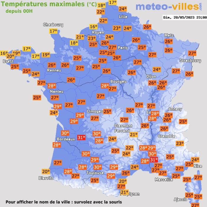 Températures maximales (°C) depuis 00h