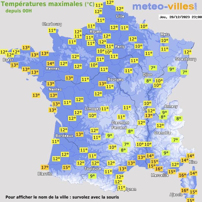 Températures maximales (°C) depuis 00h