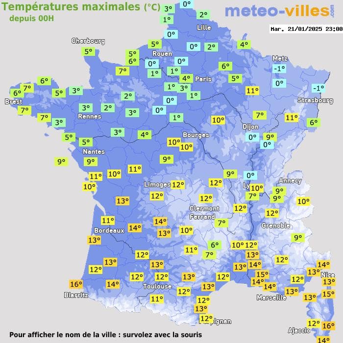 Températures maximales (°C) depuis 00h