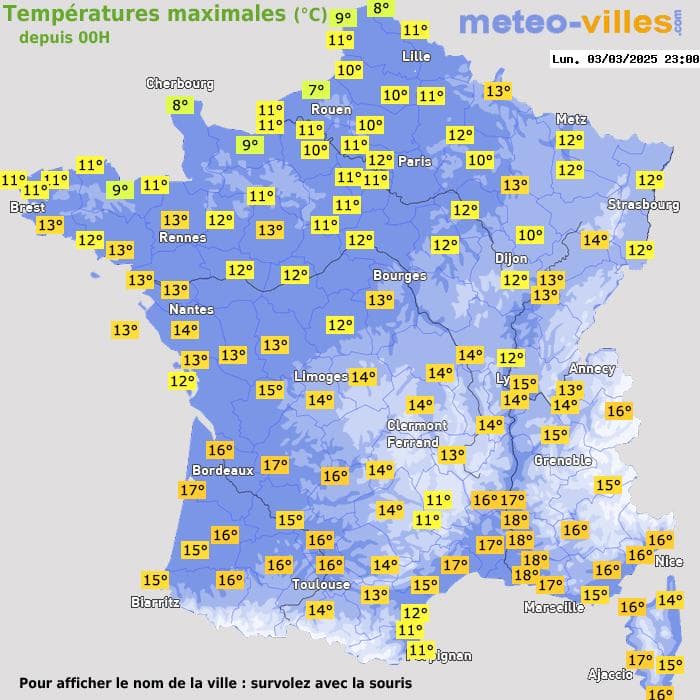 Températures maximales (°C) depuis 00h