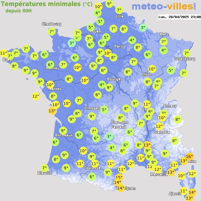 Températures minimales (°C) depuis 00h