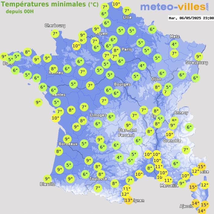 Températures minimales (°C) depuis 00h