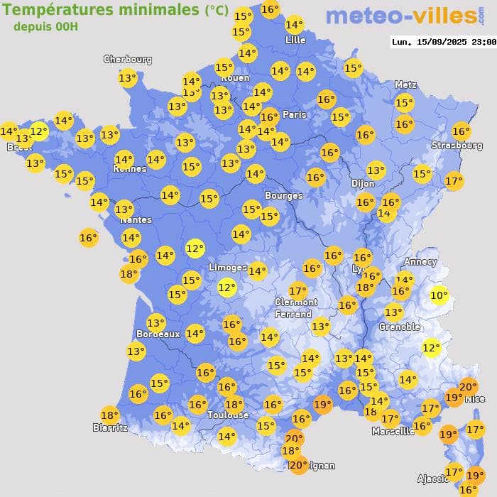 Températures minimales (°C) depuis 00h