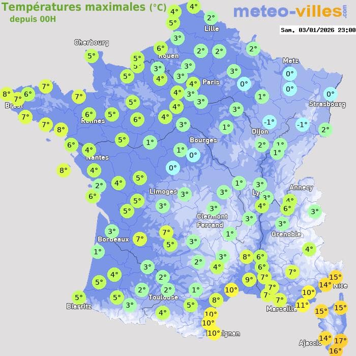 Températures maximales (°C) depuis 00h