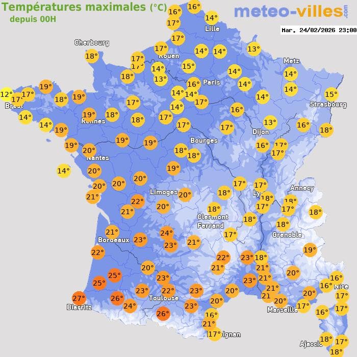 Températures maximales (°C) depuis 00h