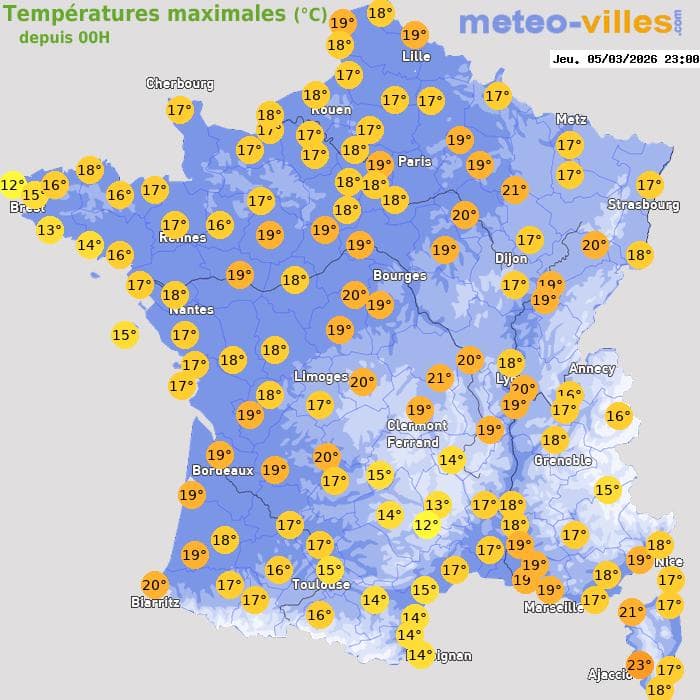 Températures maximales (°C) depuis 00h