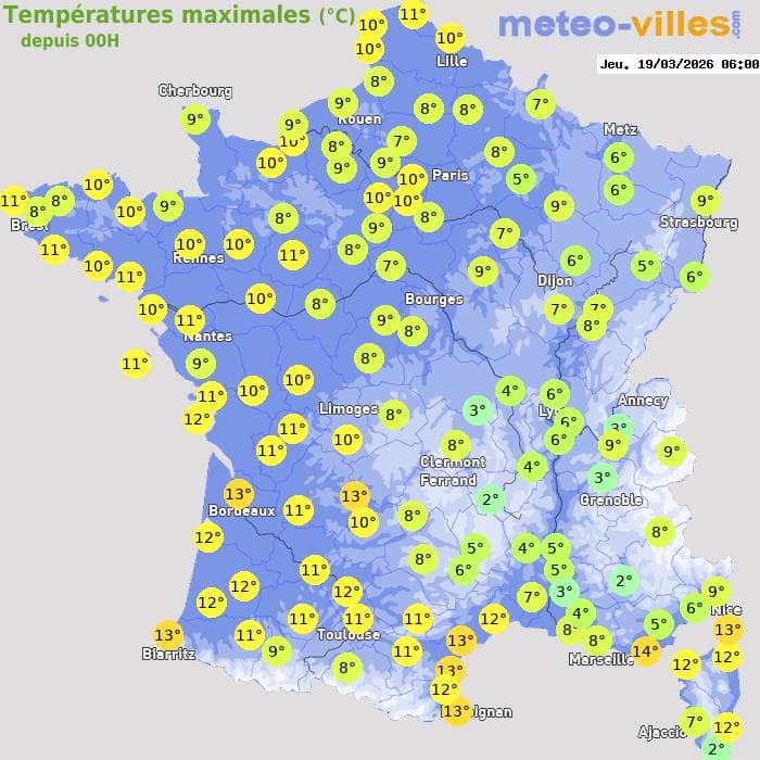 Températures maximales (°C) depuis 00h