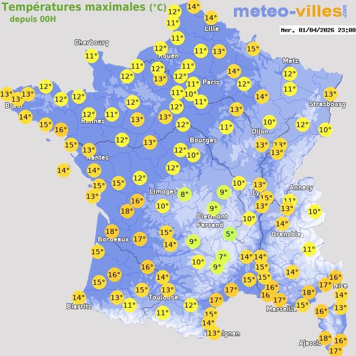 Températures maximales (°C) depuis 00h