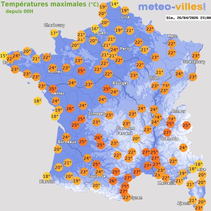 Températures maximales (°C) depuis 00h
