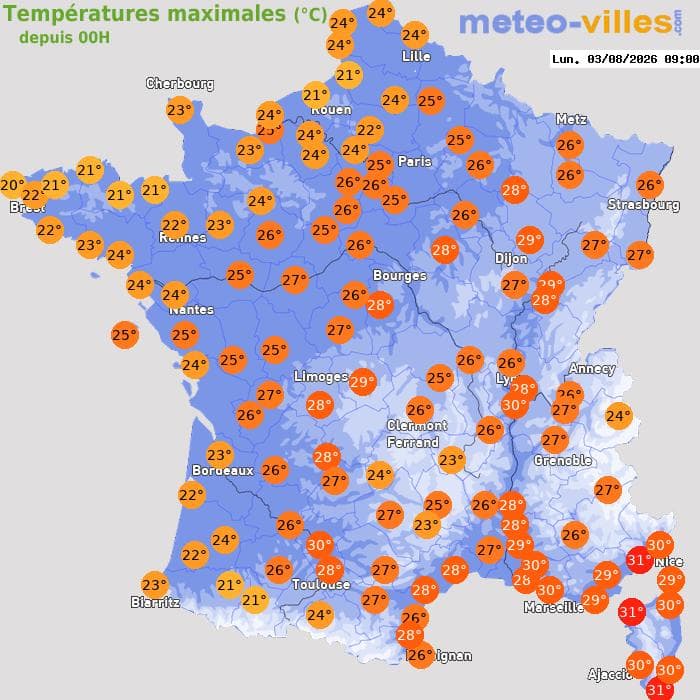 Températures maximales (°C) depuis 00h