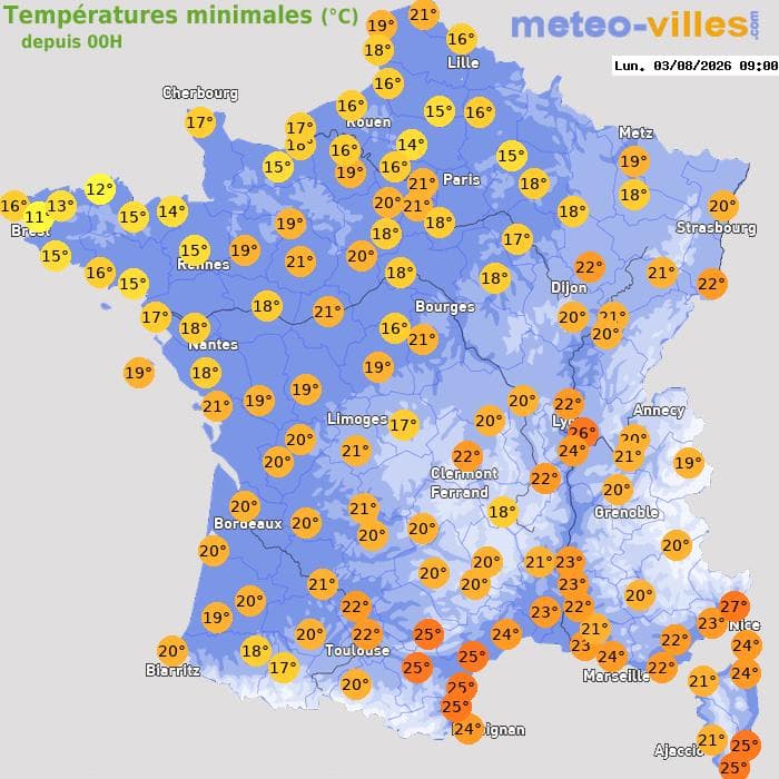 Températures minimales (°C) depuis 00h
