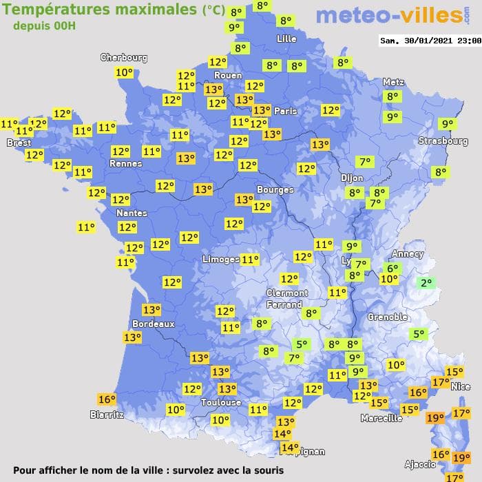 Températures maximales (°C) depuis 00h