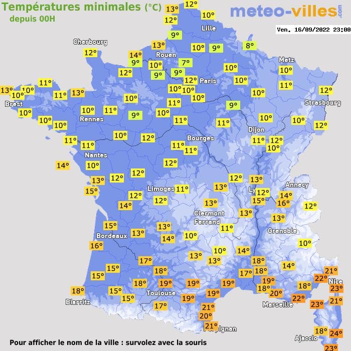 Températures minimales (°C) depuis 00h