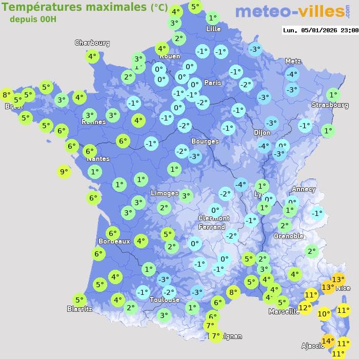 Températures maximales (°C) depuis 00h
